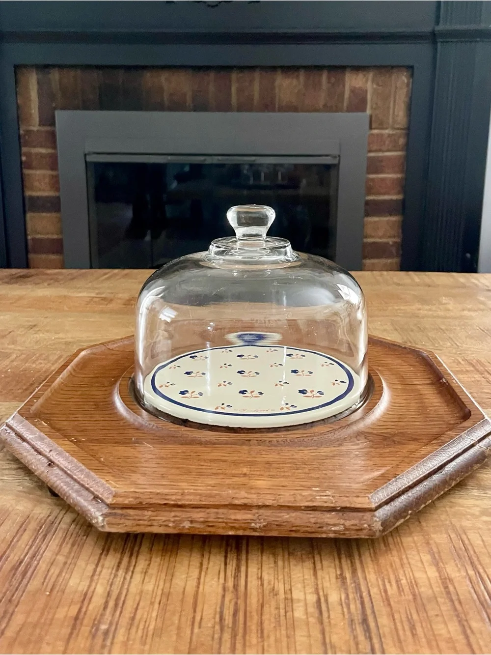 Vintage Teakwood Cheese Plate with Glass Dome